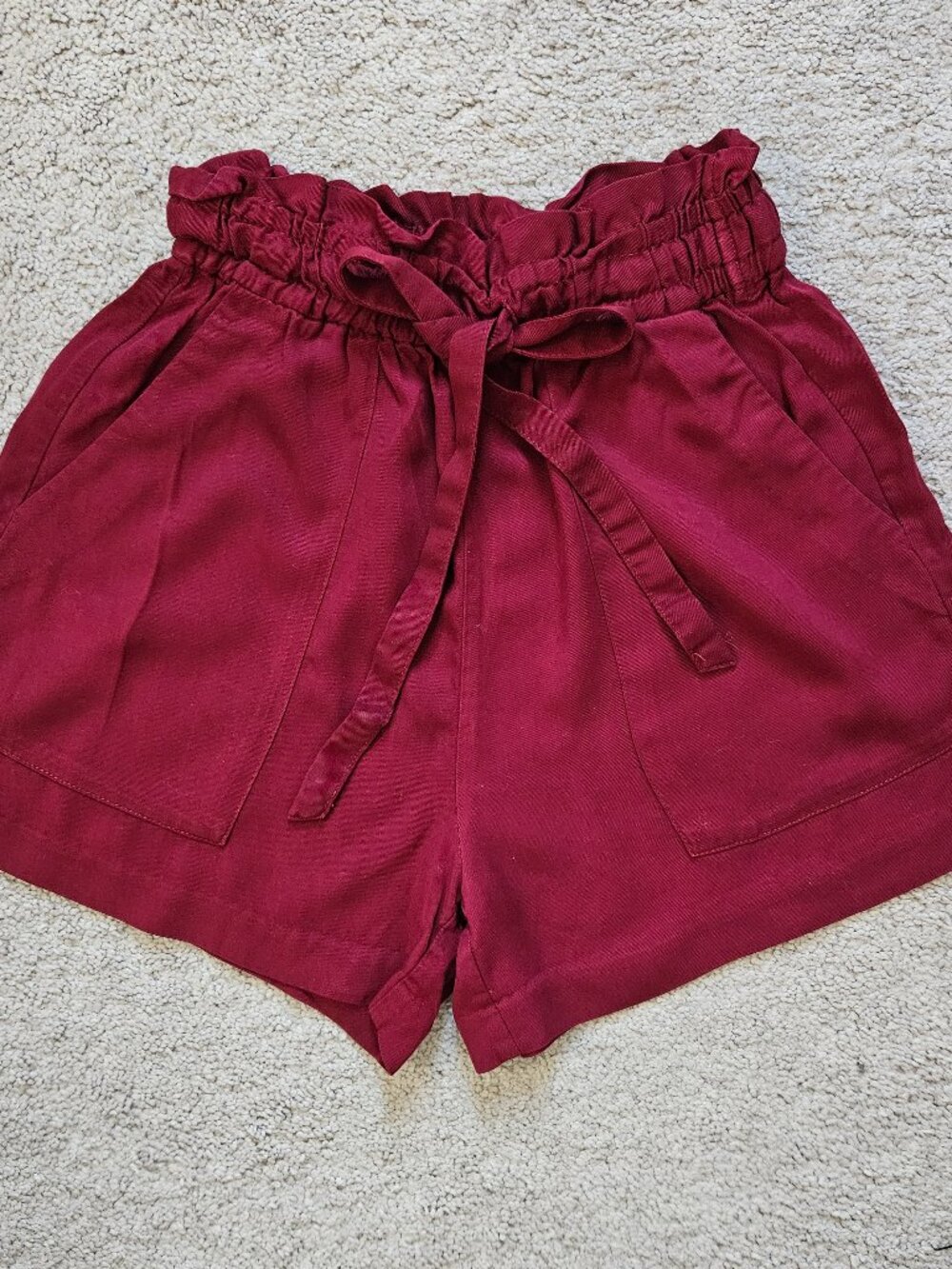 H&M Burgundy Paperbag High Waist Shorts Tie Belt Patch Pockets Wine Red S